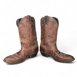 Laredo Men’s Western Cowboy Boots 10.5 EE Brown Leather Embroidered Pull-On Roun